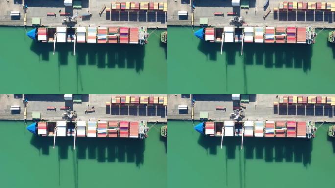 国际集装箱港口集装箱船的鸟瞰图。4k分辨率。