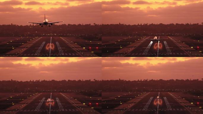 玫瑰金色日落灯光下的电影机场景观，粉色云彩，4k镜头