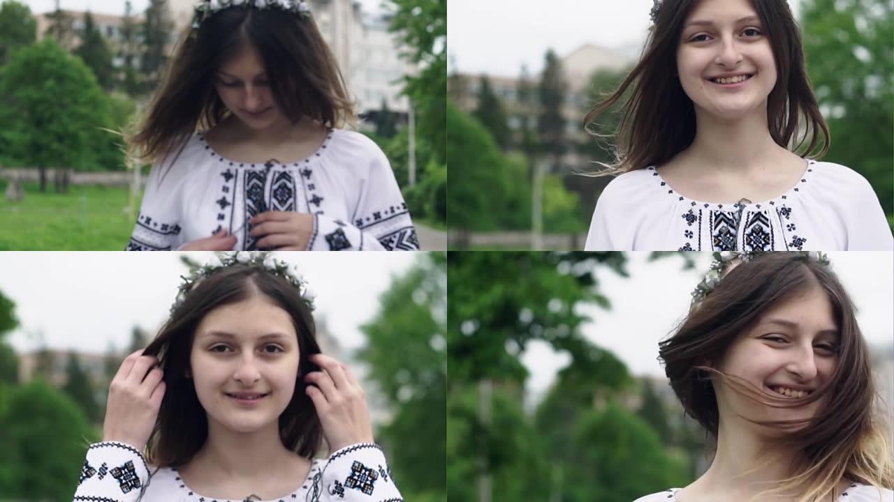 美美的乌克兰女孩穿着国装穿着快乐装是慢动作