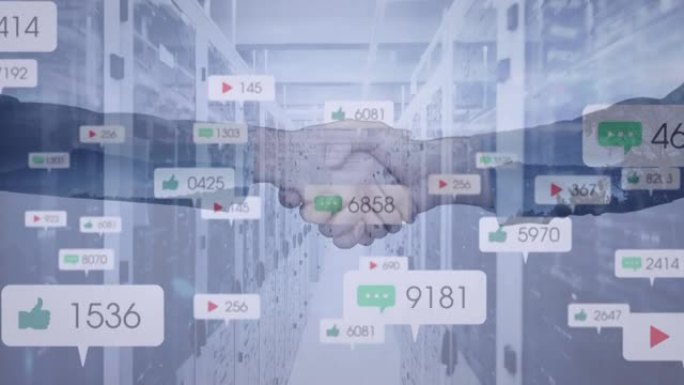 社交媒体图标的动画，商人在计算机服务器上握手