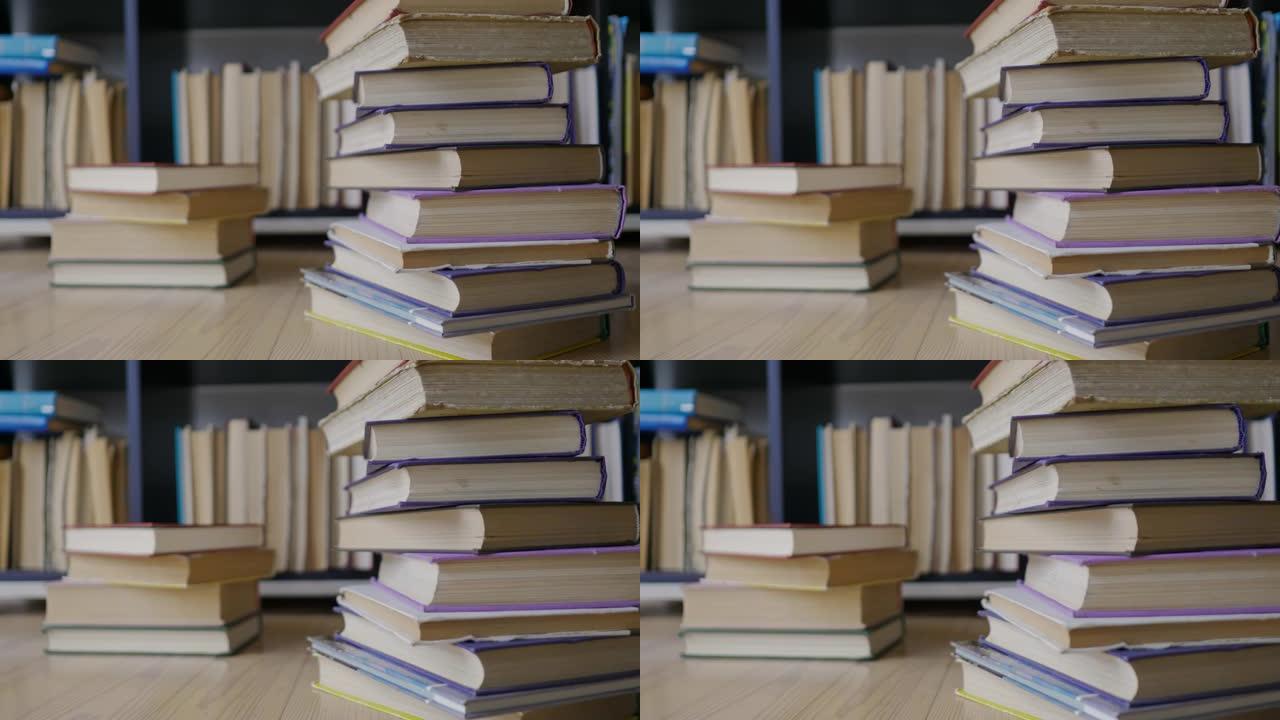 Steadicam镜头，4K。相机更靠近书架附近堆积的书