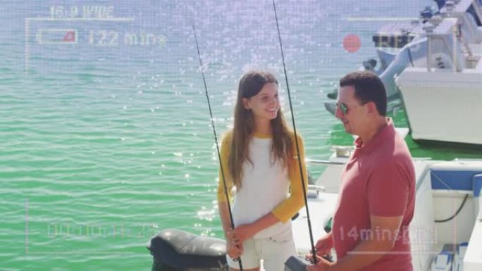 视频录制界面的动画，快乐的父女在阳光下钓鱼