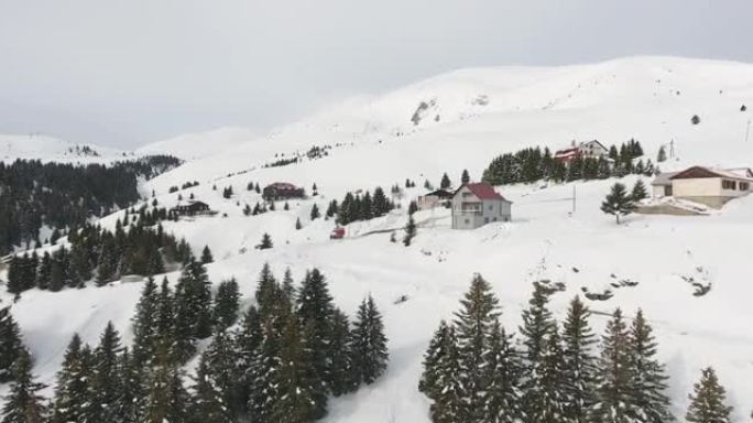 马其顿滑雪胜地Popova Shapka村白雪覆盖的山和松树的惊人鸟瞰图