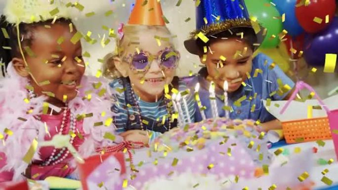 五彩纸屑掉落在生日蛋糕上的动画，蜡烛和孩子们在聚会上玩得开心