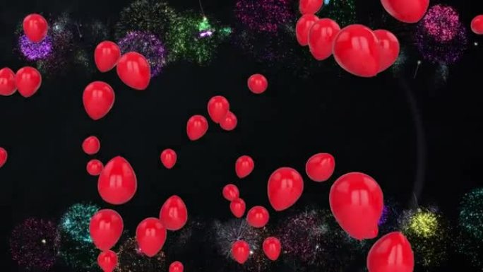 黑色背景上的红色气球和烟花动画