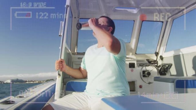 视频录制界面动画，快乐男人在船上在阳光下喝酒