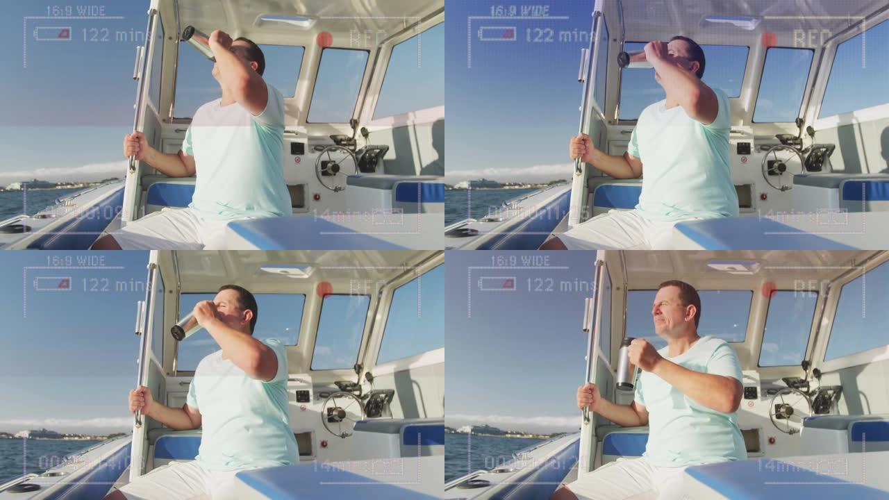 视频录制界面动画，快乐男人在船上在阳光下喝酒