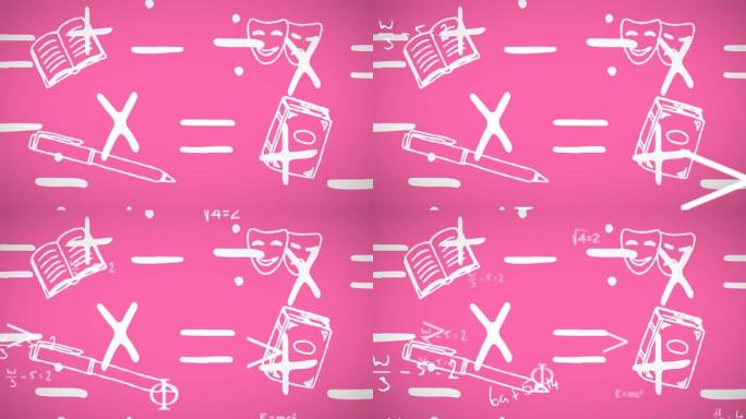 粉红色背景上的数学符号和方程式漂浮在学校概念图标上