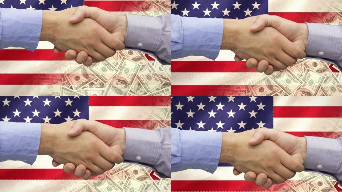 两名白人男子在美国国旗和钞票上握手的动画