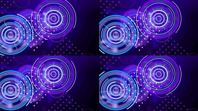 在蓝色背景下旋转的多个霓虹灯圆形扫描仪上的光点数字动画