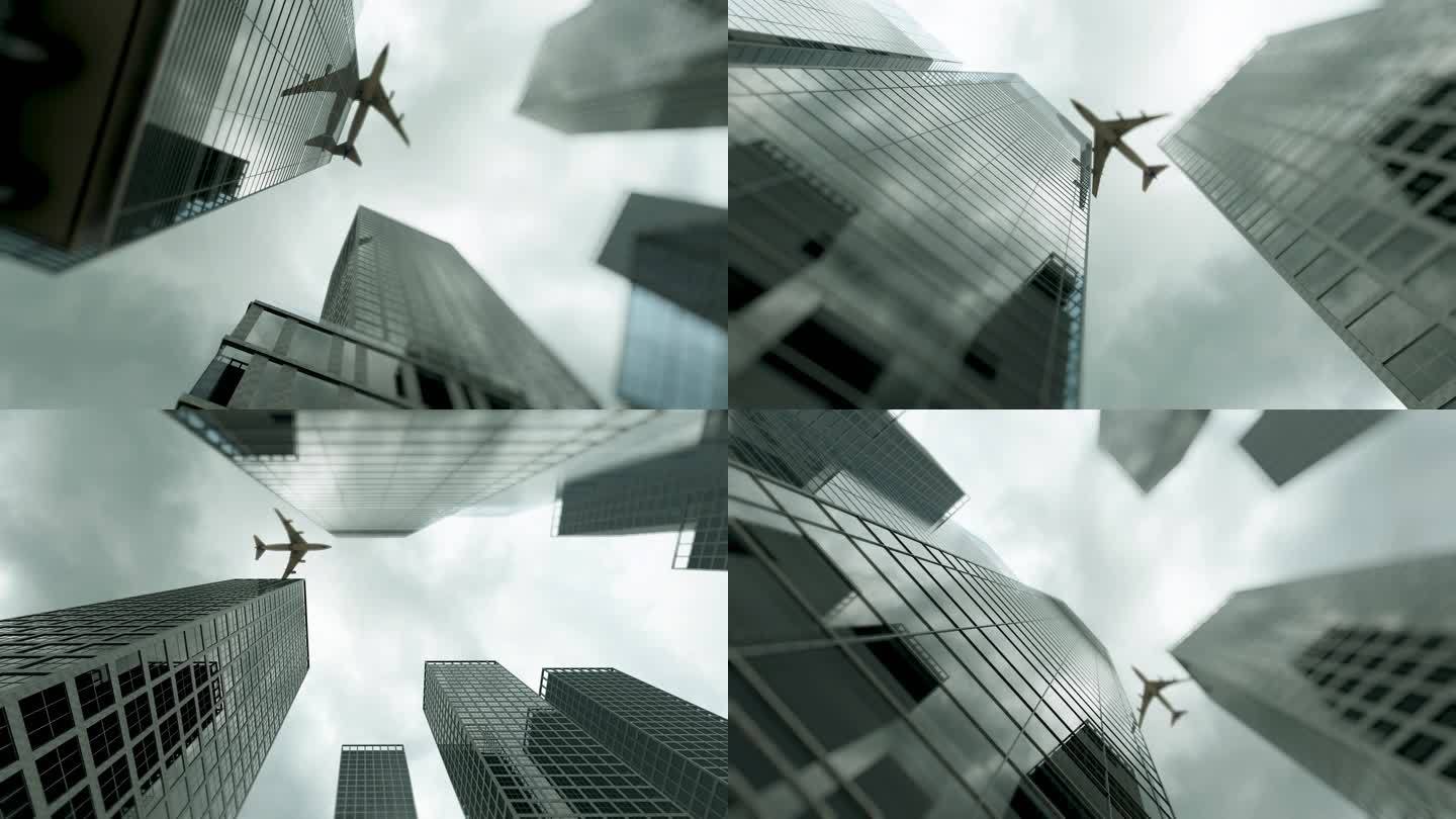 飞机飞过现代城市高楼