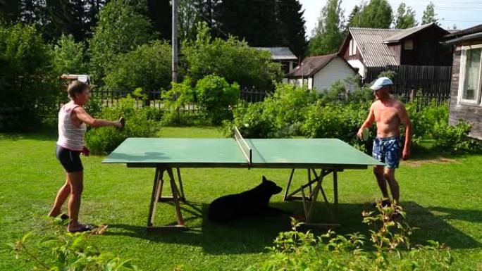 老年配偶在慢动作的阳光花园里打乒乓球