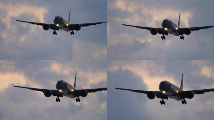暮色天空背景上的飞机剪影