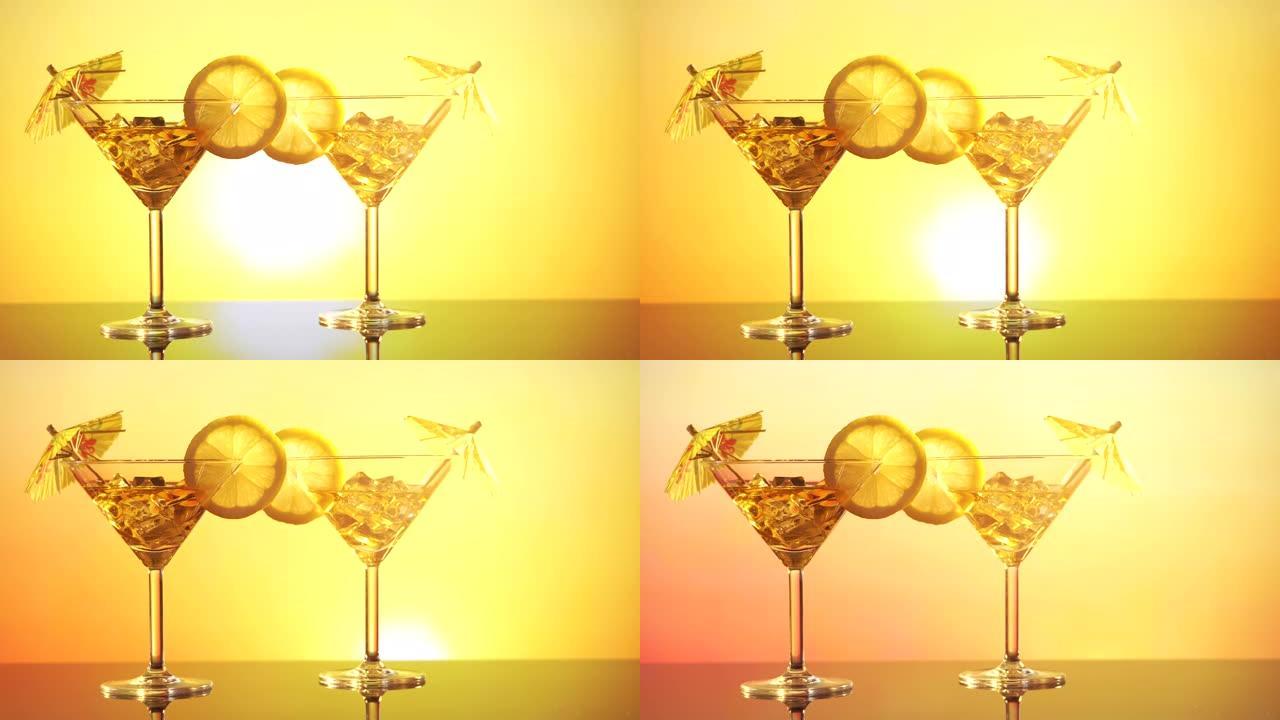 视频镜头玻璃鸡尾酒与柠檬在大海，太阳和船的背景。