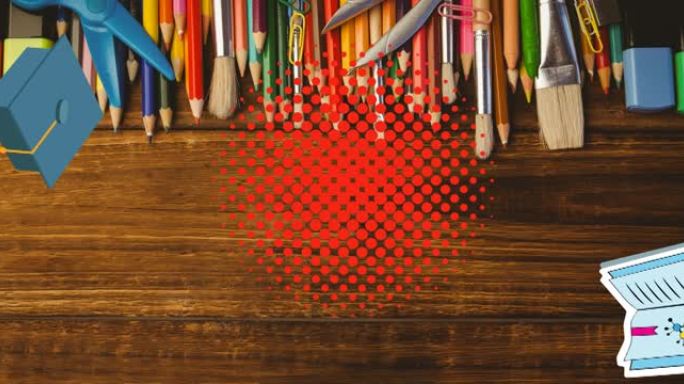 用铅笔和刷子在桌子上的红点上弹跳的砂浆板和教科书的动画