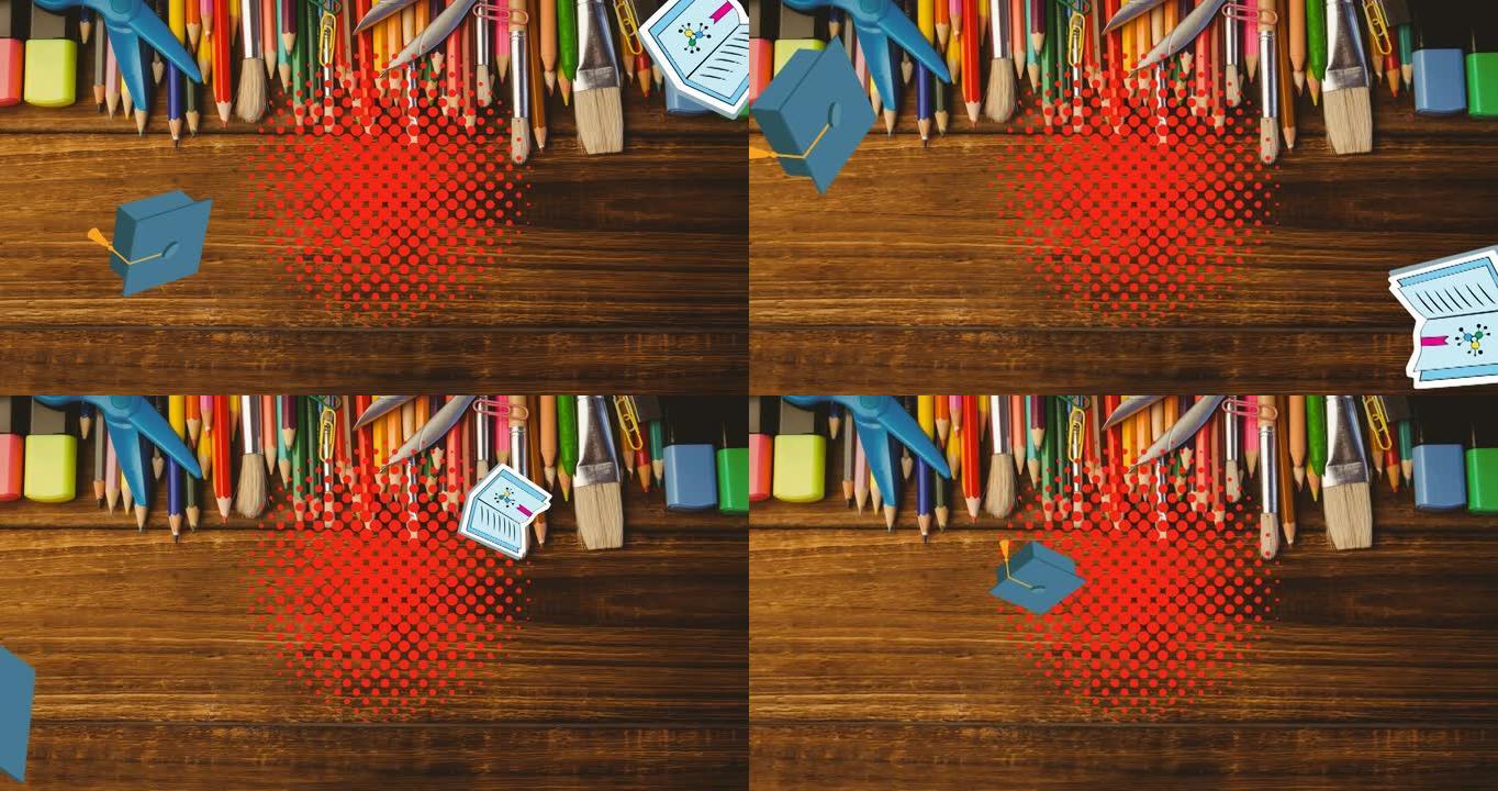 用铅笔和刷子在桌子上的红点上弹跳的砂浆板和教科书的动画