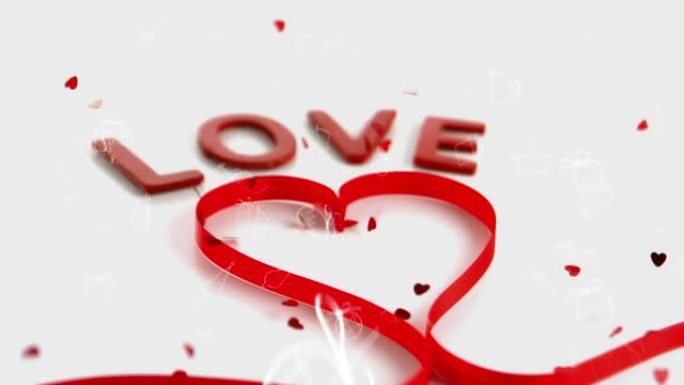 红丝带的字爱与心形动画，红心落在白色背景上