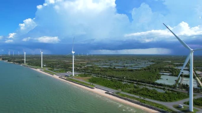 沿海风力涡轮机农场的鸟瞰图无人机，一种可持续能源，可再生能源，比化石燃料污染更便宜，更清洁，有助于应