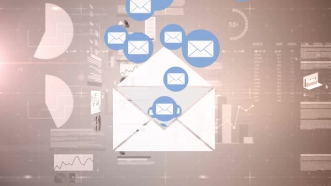浮动电子邮件信封图标的动画和界面屏幕上的数据处理
