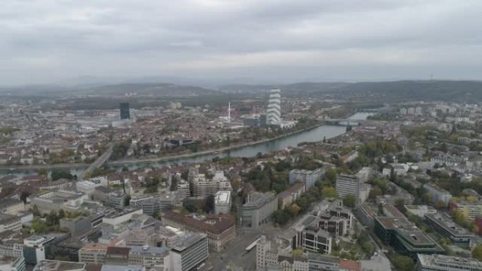 瑞士巴塞尔城市景观和莱茵河的鸟瞰图