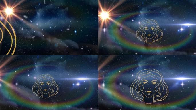 处女座星座在宇宙和发光的星星上的动画