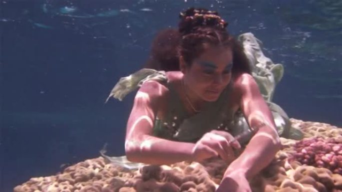 红海珊瑚背景下的仙女服装水下模型自由潜水员。