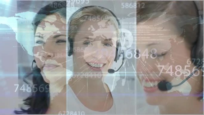 使用电话耳机，通过网络和数据处理与女商人一起制作三个屏幕的动画