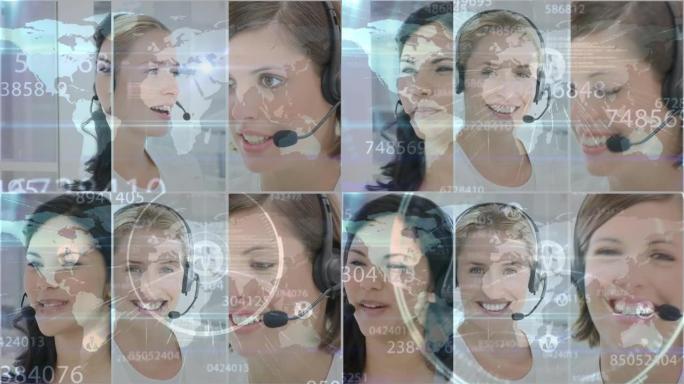 使用电话耳机，通过网络和数据处理与女商人一起制作三个屏幕的动画