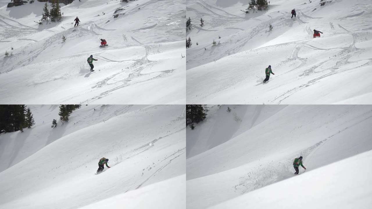 在滑雪越野滑雪中，从山顶下坡，极端冬季运动，慢动作