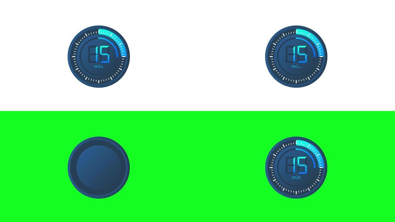 15分钟计时器。平面样式的秒表图标。运动图形。