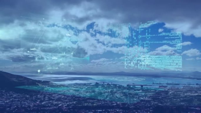 蓝色背景下城市景观的统计和金融数据处理动画
