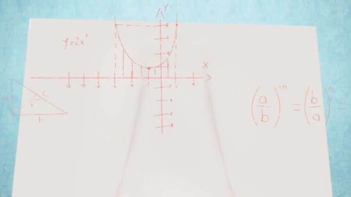 手写数学公式的动画和计算在蓝色桌面的空白纸上移动