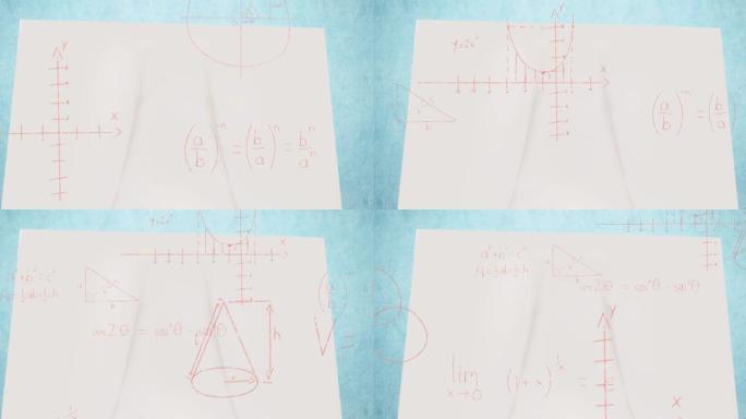 手写数学公式的动画和计算在蓝色桌面的空白纸上移动