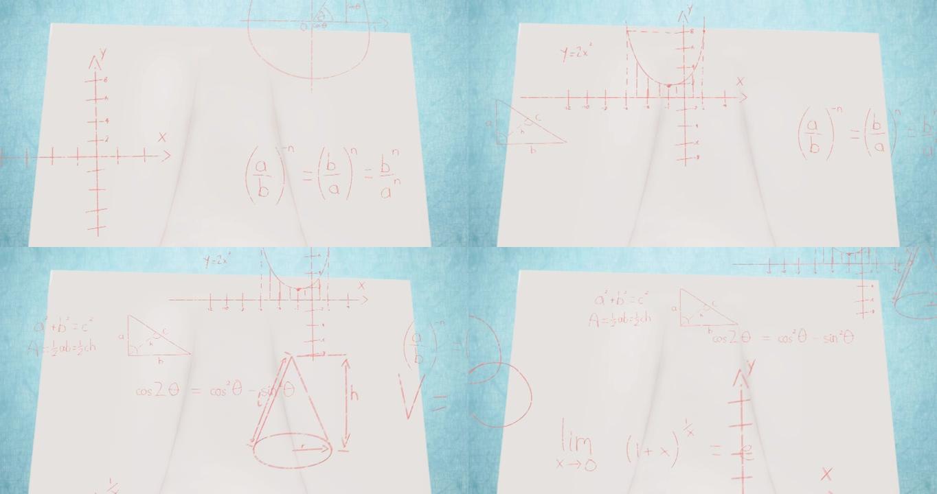 手写数学公式的动画和计算在蓝色桌面的空白纸上移动