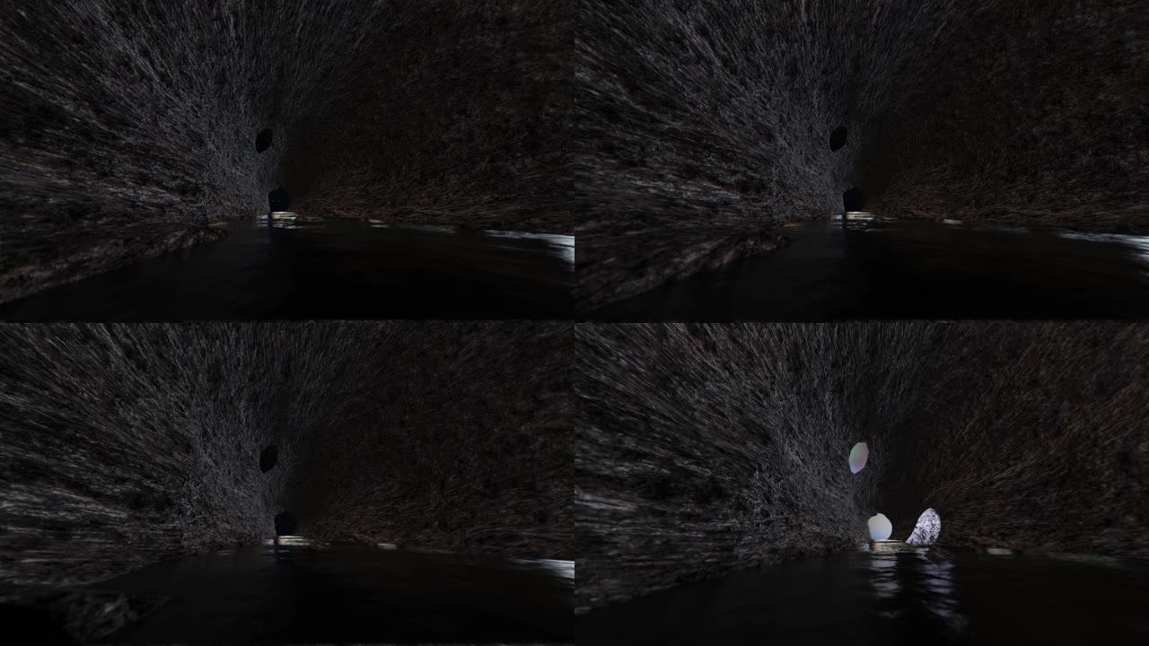 黑暗水洞穴的3d渲染视频，太阳升起