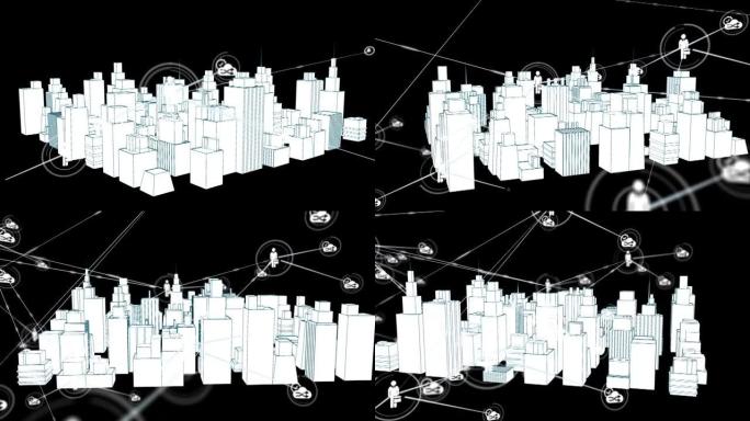 3d城市绘图上带有图标的连接网络动画