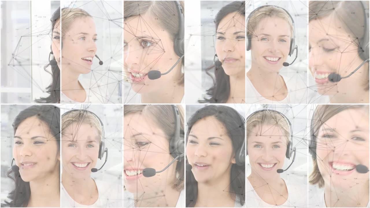 使用电话耳机的女商人照片上的连接网络动画