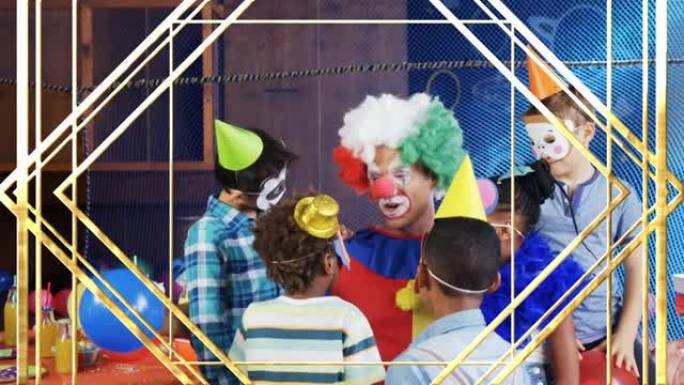 小丑和孩子们在聚会上玩得开心的金色动画