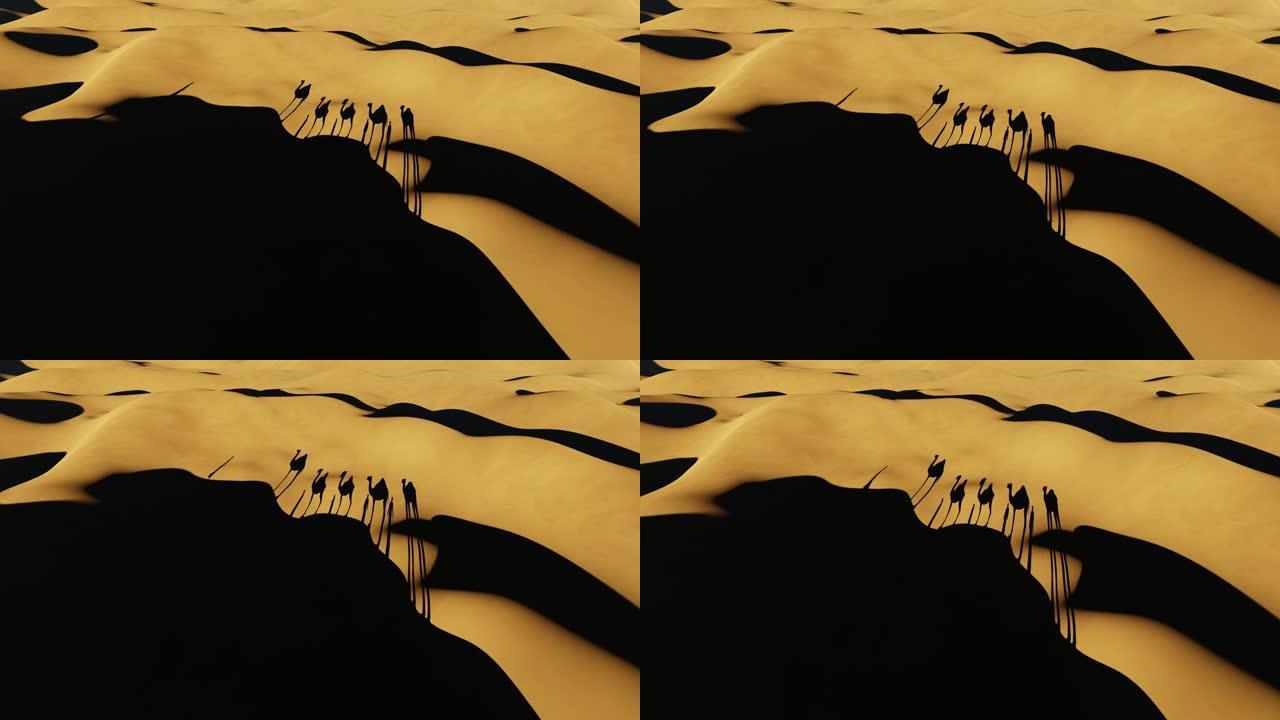 长长的骆驼剪影在沙漠沙丘的大篷车中，一个人走向动物