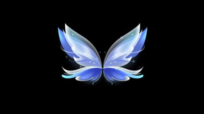 黑色背景上的动画蓝色蝴蝶翅膀幻想风格。