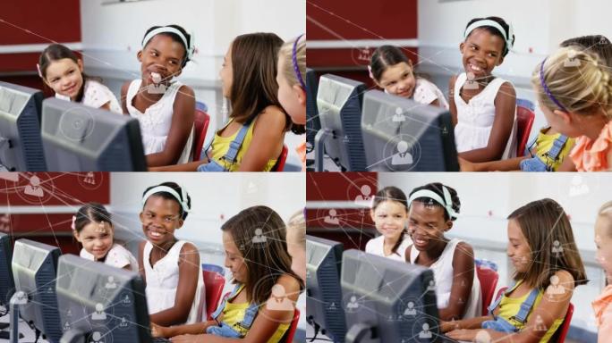 使用计算机对学童进行网络连接的动画