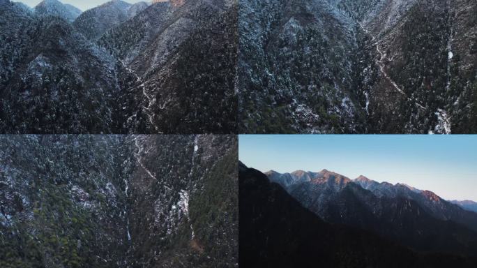 湖南邵阳洞口雪峰山夕阳日照金山雪景航拍