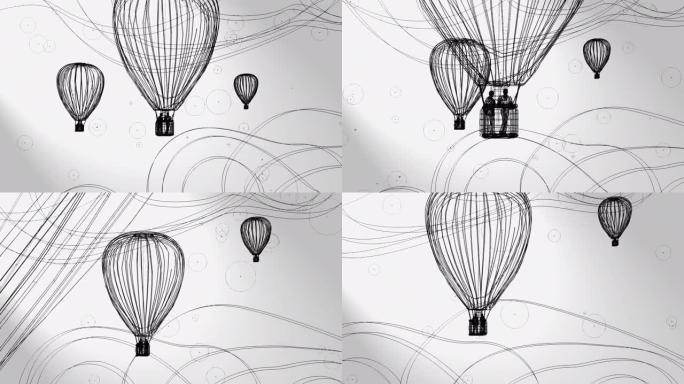 3d动画，天空上的一些热气球与雪或雨 (线艺术)