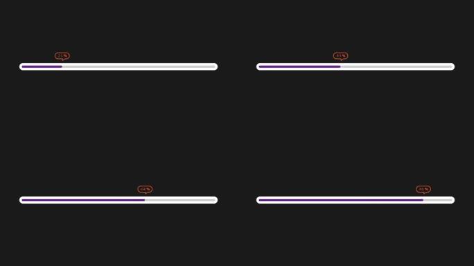 在黑色背景上加载条进度。紫色加载栏从0到100百分比运动图形动画