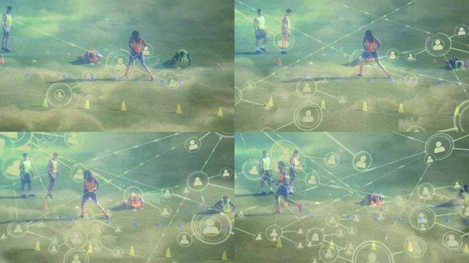 与足球运动员练习的人的连接网络动画