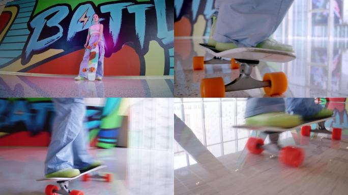 嘻哈潮酷女生玩滑板