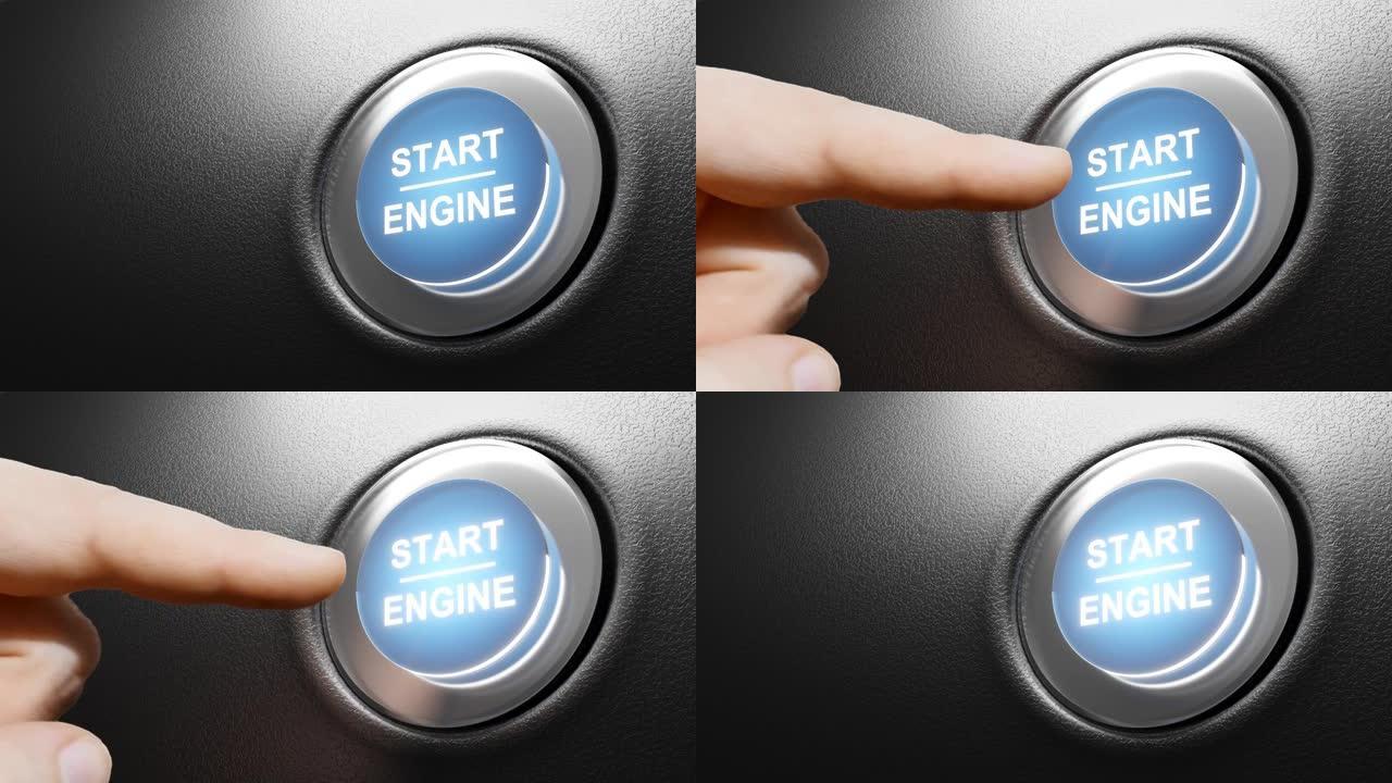按下发动机按钮。启动汽车概念。3D视频