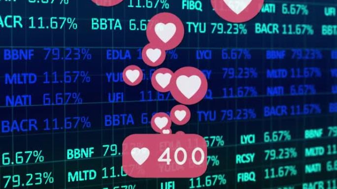 数字上升，心脏漂浮在金融股票数据处理上的爱情图标动画