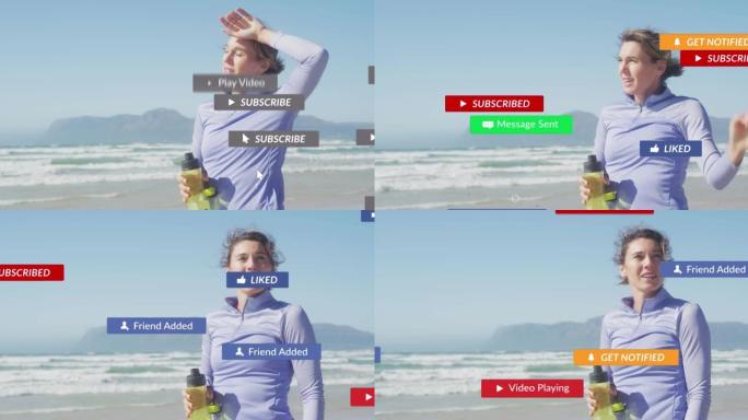 社交媒体通知的动画，超过在海滩上锻炼休息的女人