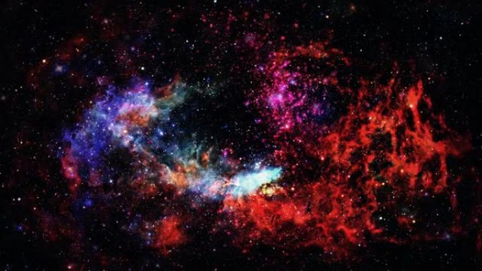无缝循环七彩太空探索神秘闪烁发光的红色蓝色星云。4K 3D渲染探索之旅飞越星系背景的星域。科幻宇宙太